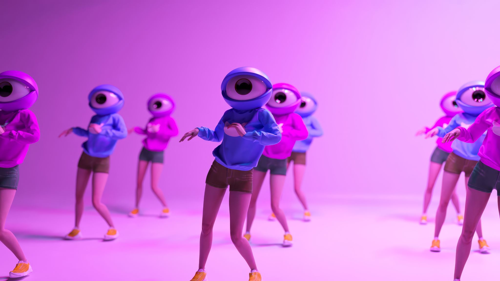Cartoon characters with oversized eye-shaped heads performing dynamic dance routine on illuminated stage. Creating surreal visual experience through vibrant 3d animation and imaginative choreography Cartoon characters with oversized eye-shaped heads performing dynamic dance routine on illuminated stage. Creating surreal visual experience through vibrant 3d animation and imaginative choreography