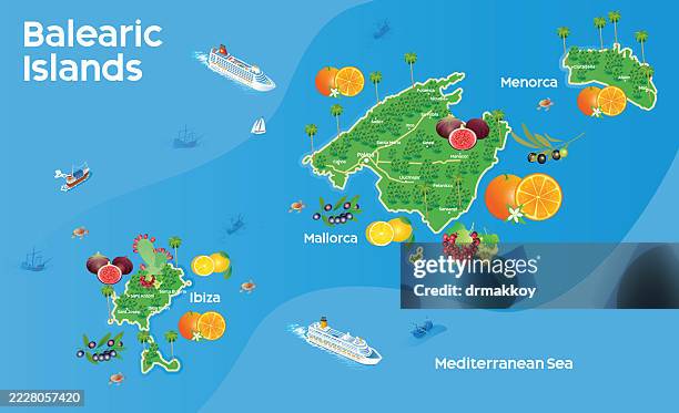 ilustraciones, imágenes clip art, dibujos animados e iconos de stock de mapa de frutas de las islas baleares - islas baleares