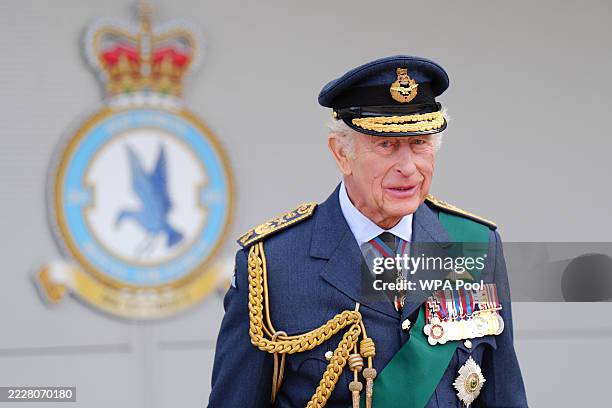 King Charles III during a visit to RAF Lossiemouth in Moray to re-present a Squadron Standard on August 6, 2025 in Lossiemouth, Scotland.