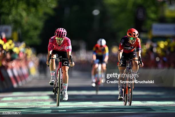Cedrine Kerbaol of France and Team EF Education-Oatly and Ruth Edwards of The United States and Team Human Powered Health sprint at finish line...