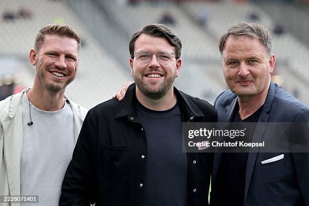 Fabian Klos, Expert Magenta TV, Christian Straßburger, commentator Magenta TV and Thomas Wagner, moderator Magenta TV are seen prior to the 3. Liga...