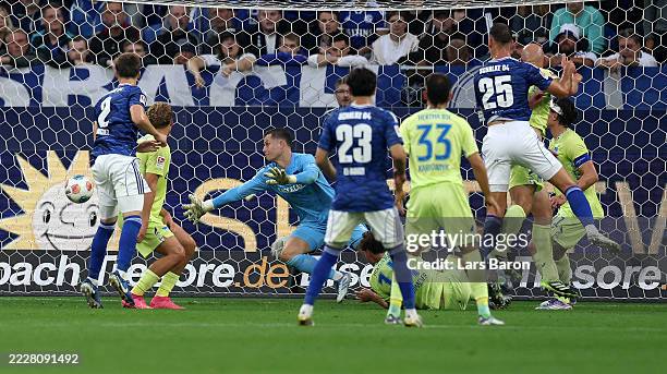 Nikola Katic of Schalke heads his teams second goal during the 2. Bundesliga match between FC Schalke 04 and Hertha BSC at Veltins-Arena on August...