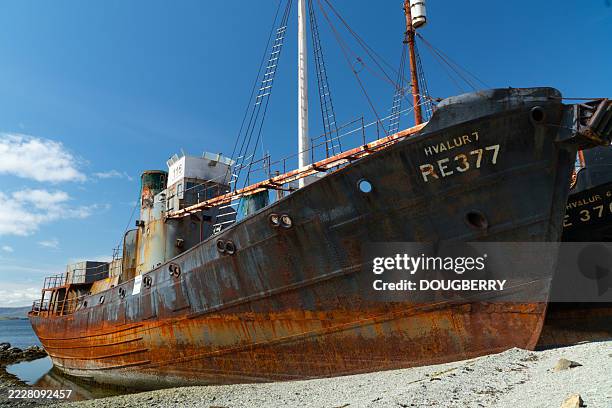 beached whaling ships in hvalfjörður iceland - greenpeace stock pictures, royalty-free photos & images