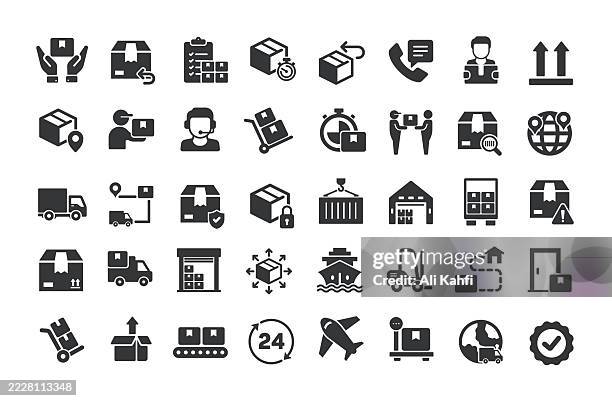 delivery glyph solid icons. containing cargo, logistic, shipping, courier solid icons collection - water system stock illustrations