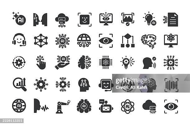 artificial intelligence glyph solid icons. containing generative ai, technology, recognize, machine learning solid icons collection - machine learning deep learning stock illustrations