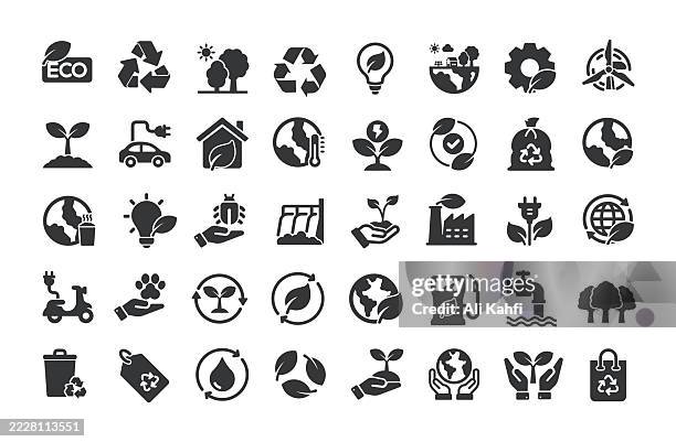 illustrazioni stock, clip art, cartoni animati e icone di tendenza di icone solide del glifo ecologia. contiene ambiente, natura, sostenibilità, ricicla la collezione di icone solide - ecosistema