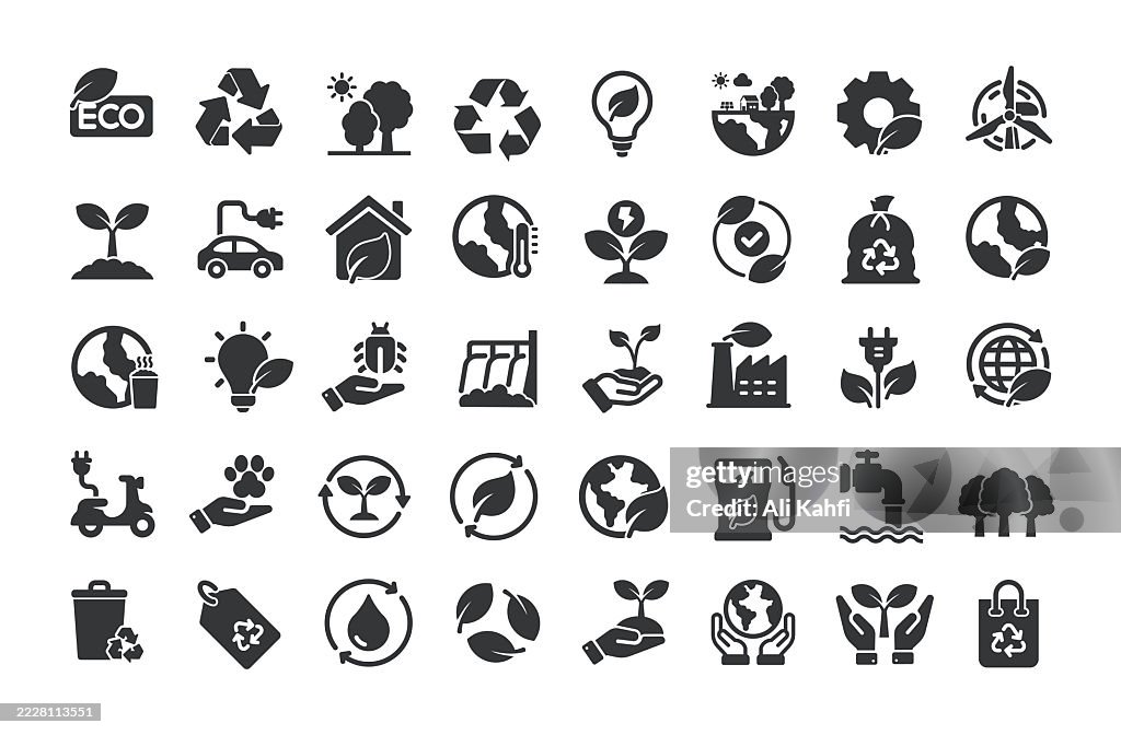 Ecology glyph solid icons. Containing environment, nature, sustainbility, recycle solid icons collection