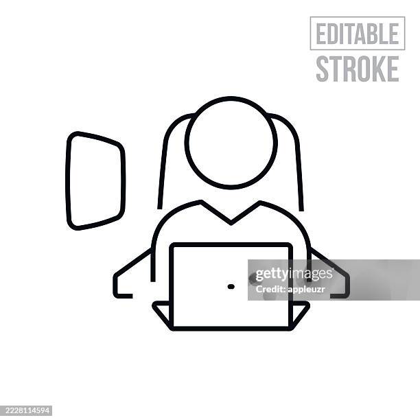 business person working on a laptop while sitting in airplane seat thin line icon - editable stroke - window seat stock illustrations