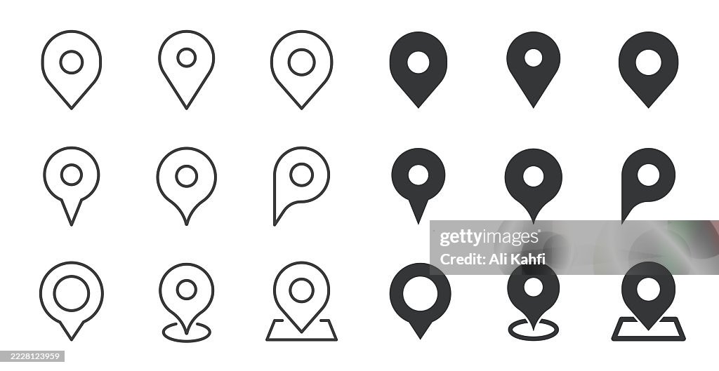 Map pin icons collection. Editable stroke. Thin line and glyph solid style series icons