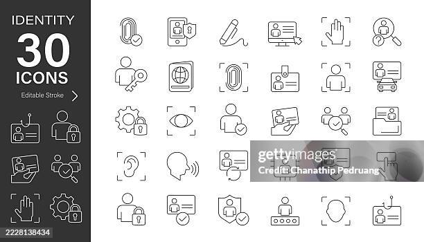 identitätslinie vektor icon set. pixel perfekt. bearbeitbarer strich. stock illustration. icon-symbol, barcode-leser, fingerabdruck, unterschrift - strichkodeleser stock-grafiken, -clipart, -cartoons und -symbole
