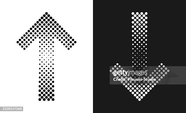 halftone style up and down arrows on split background. halftone arrow. dotted arrow sign. - network dots vector stock illustrations