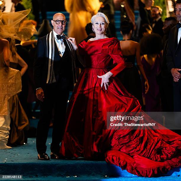 Stanley Tucci and Meryl Streep are seen filming 'The Devil Wears Prada 2' at the Museum of Natural History on August 01, 2025 in New York City.