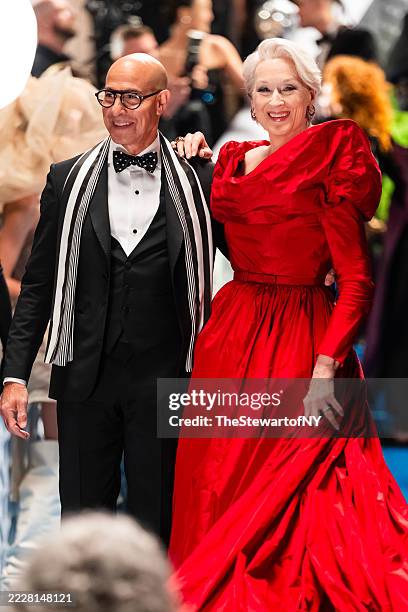 Stanley Tucci and Meryl Streep are seen filming 'The Devil Wears Prada 2' at the Museum of Natural History on August 01, 2025 in New York City.
