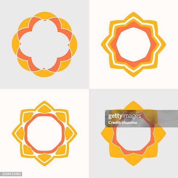 yellow flower symmetry pattern symbol set - mandala stock illustrations