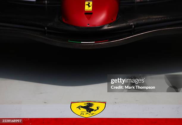 Ferrari logo on the garage floor during final practice ahead of the F1 Grand Prix of Hungary at Hungaroring on August 02, 2025 in Budapest, Hungary.