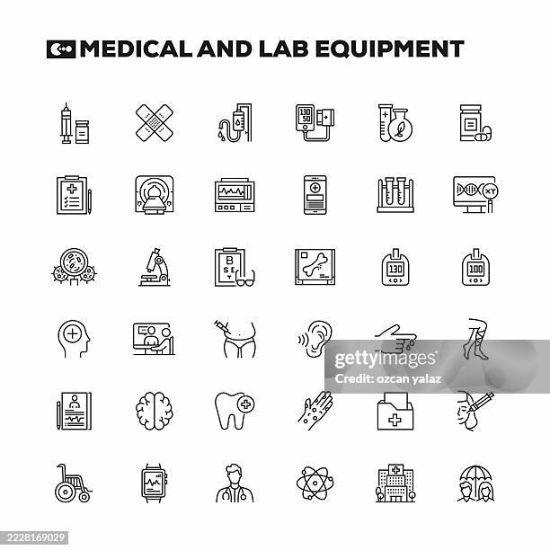 ilustraciones, imágenes clip art, dibujos animados e iconos de stock de conjunto de iconos de línea relacionados con equipos médicos y de laboratorio. trazo editable. - urgencias-hospital