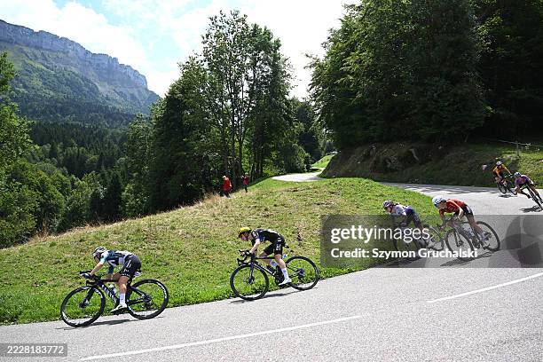 Mareille Meijering of Netherlands and Team Movistar, Evita Muzic of France and Team FDJ - SUEZ and Maeva Squiban of France and UAE Team ADQ compete...