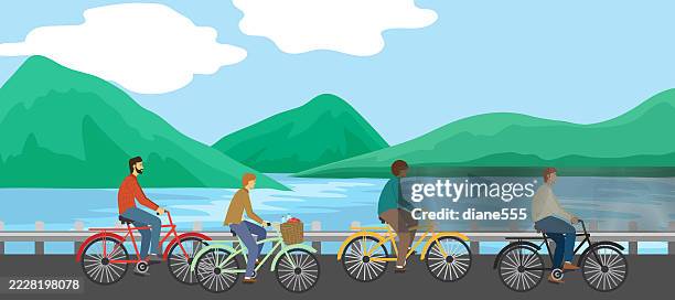 stockillustraties, clipart, cartoons en iconen met group of friends riding bicycles beside a lake with a picnic in the basket - tandem positie