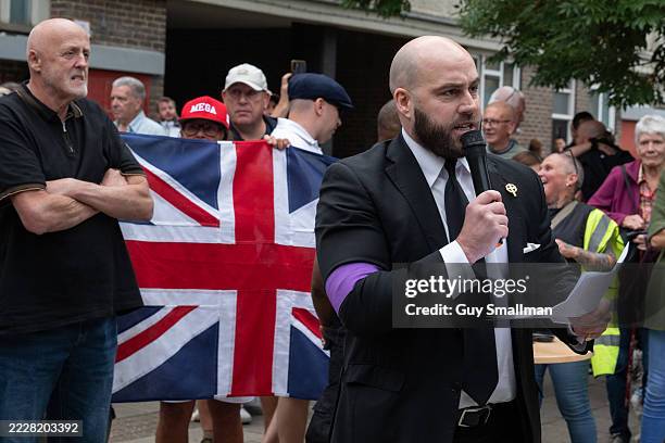 Nick Tenconi the leader of the UKIP party addresses the far right protest on August 2, 2025 in London, England. Far-right protests focusing on hotels...