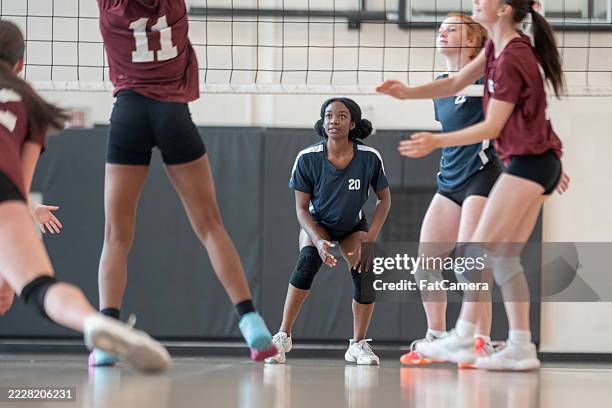weibliche volleyballmannschaft misst sich in einem intensiven hallenspiel - platzieren stock-fotos und bilder