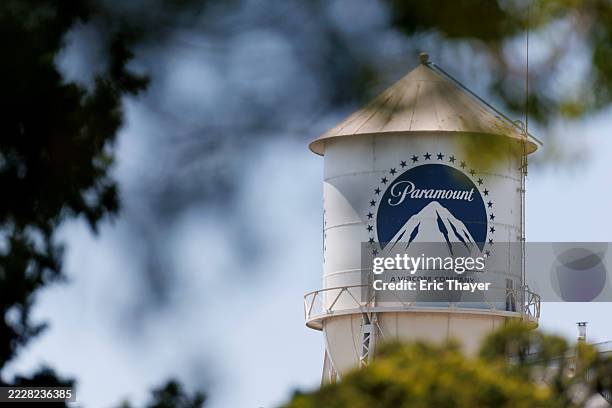 Water tower is seen at the Paramount studios on August 7, 2025 in Los Angeles, California.