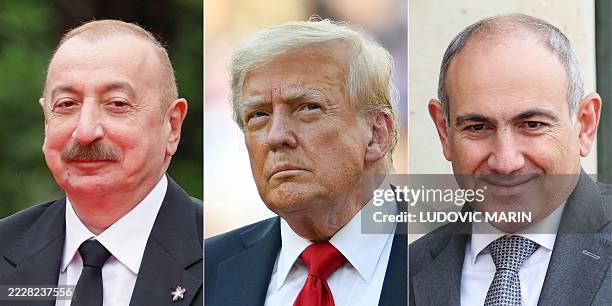 This combination of pictures created on August 7, 2025 shows Azerbaijan's President Ilham Aliyev in Tirana on May 16 US President Donald Trump in...