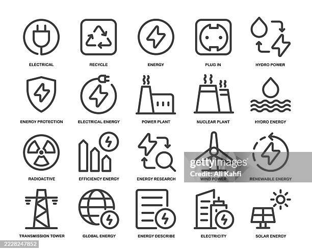 stockillustraties, clipart, cartoons en iconen met renewable energy icons collection. editable stroke. can be use for web, user interface, infographic, app icons etc. line icon style series - elektriciteit