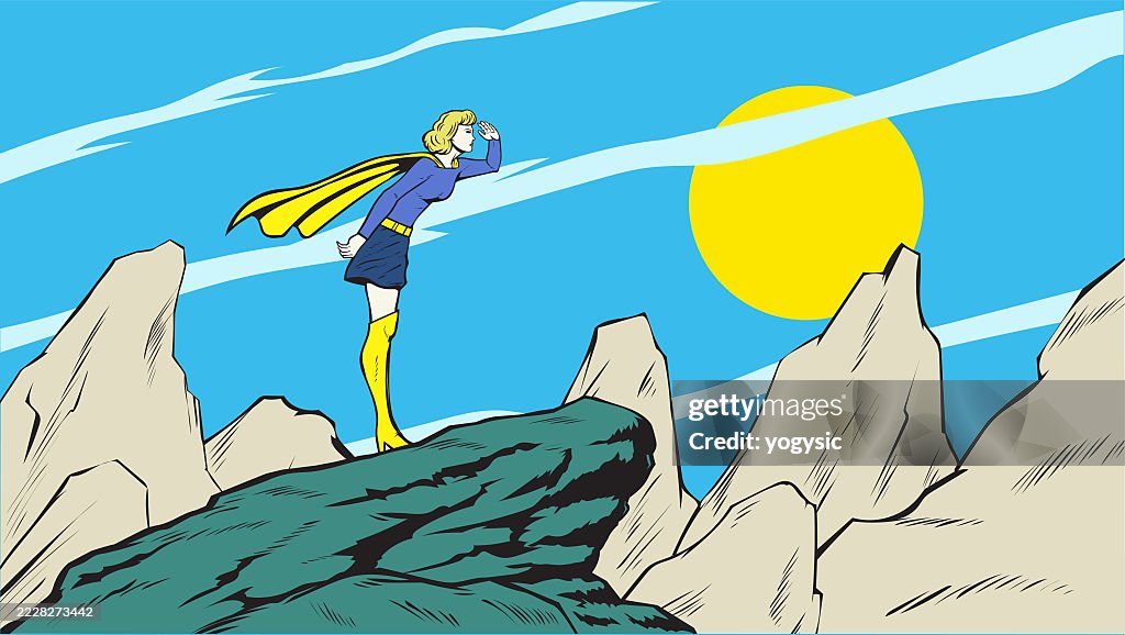Vector Retro Golden Age Female Comic Superhero Standing on a Rock looking Faraway with Mountain Range Background Stock Illustration