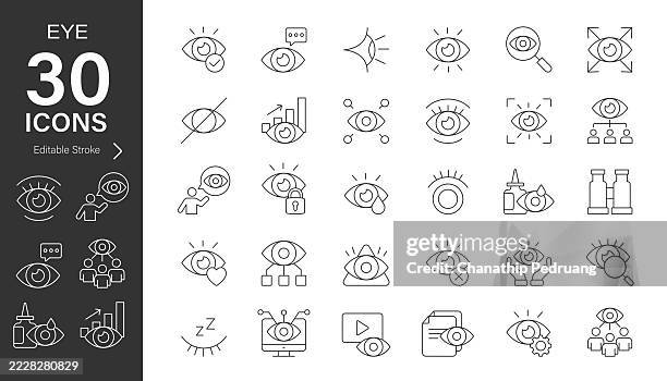 illustrazioni stock, clip art, cartoni animati e icone di tendenza di set di icone vettoriali della linea degli occhi. pixel perfetto. tratto modificabile. illustrazioni di repertorio. icona simbolo, optometria, vista, optometrista - guardare con attenzione