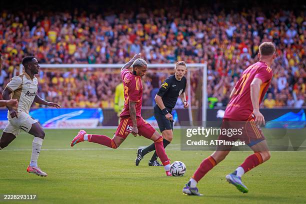 Wesley França of AS Roma in action during the friendly match between Lens and Roma at Stade Bollaert-Delelis on August 02, 2025 in Lens, France.
