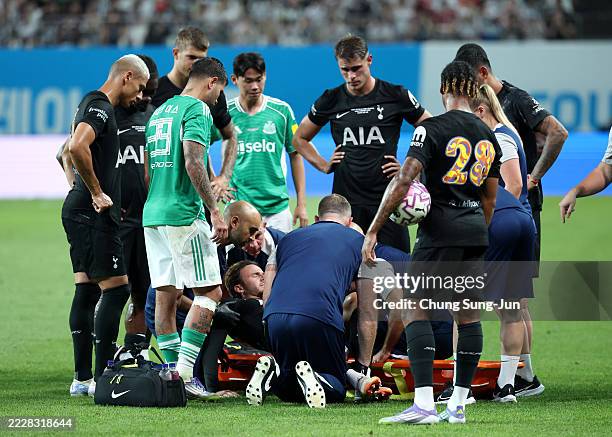 James Maddison of Tottenham Hotspur is stretchered off following an injury during the Pre-Season Friendly match between Tottenham Hotspur and...