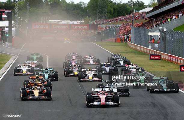 Charles Leclerc of Monaco driving the Scuderia Ferrari SF-25 leads at the start during the F1 Grand Prix of Hungary at Hungaroring on August 03, 2025...
