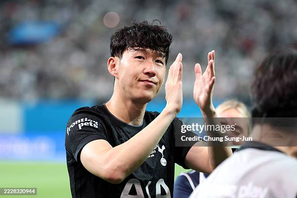 Son Heung-Min of Tottenham Hotspur reacts as he applauds the fans following the Pre-Season Friendly match between Tottenham Hotspur and Newcastle...
