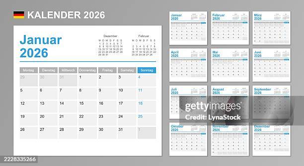 deutscher kalender für 2026. die woche beginnt am montag. einfache vektorvorlage. business-design-planer. - deutsche kultur stock-grafiken, -clipart, -cartoons und -symbole