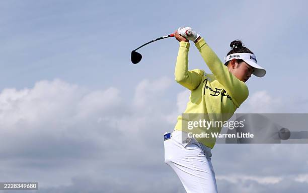 Miyu Yamashita of Japan tees off on the 10th hole during the final round of the AIG Women's Open 2025 at Royal Porthcawl Golf Club on August 03, 2025...