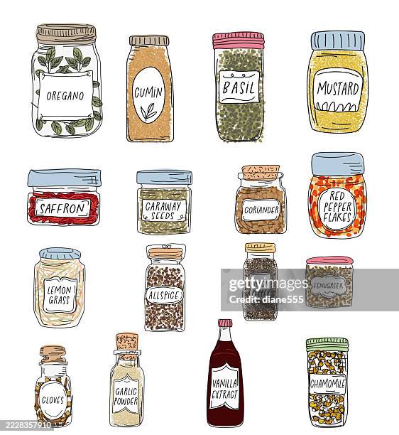 stockillustraties, clipart, cartoons en iconen met jars of herbs and spices in a sketchy style - piment