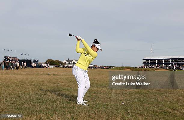 BRIDGEND, WALES Miyu Yamashita of Japan plays her second shot on the 18th hole during the final round of the AIG Women's Open 2025 at Royal Porthcawl...