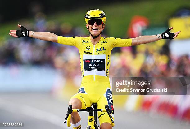 Pauline Ferrand-Prevot of France and Team Visma | Lease a Bike - Yellow leader jersey celebrates at finish line as stage and final overall winner...