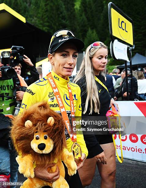 Final overall winner, Pauline Ferrand-Prevot of France and Team Visma | Lease a Bike - Yellow leader jersey reacts after the 4th Tour de France...