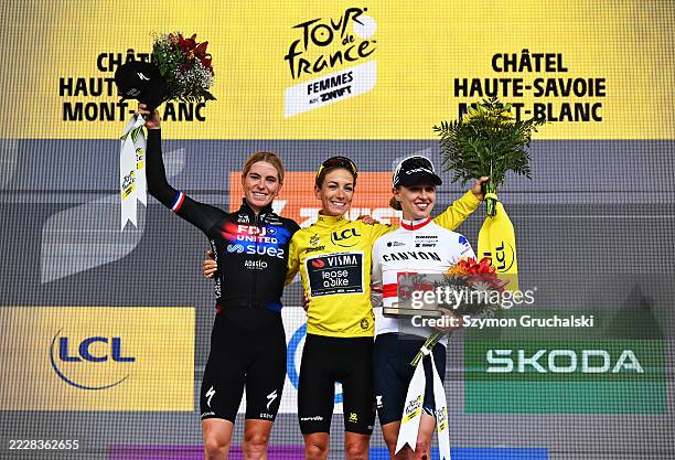 Demi Vollering of Netherlands and Team FDJ - SUEZ on second place, race winner Pauline Ferrand-Prevot of France and Team Visma | Lease a Bike -...