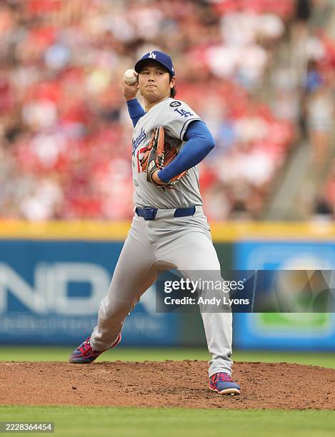 Shohei Ohtani of the Los Angeles Dodgers throws a pitch against the Cincinnati Reds at Great American Ball Park on July 30, 2025 in Cincinnati, Ohio.