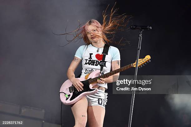 Rhian Teasdale of Wet Leg performs onstage during Wilderness Festival at Cornbury Park on August 03, 2025 in Charlbury, Oxfordshire.