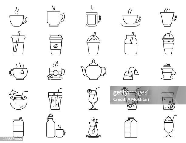 hot and cold drinks icons. - strawberry smoothie stock illustrations