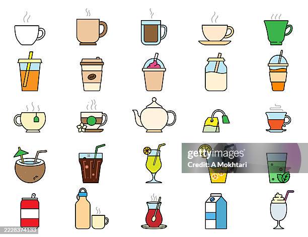 minimalist colored hot and cold drinks icons. - orange banana smoothie stock illustrations
