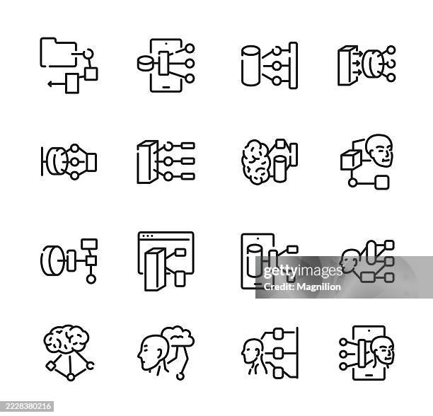 artificial intelligence and data flow icons, vector line icons set, editable stroke - engineering design process diagram stock illustrations