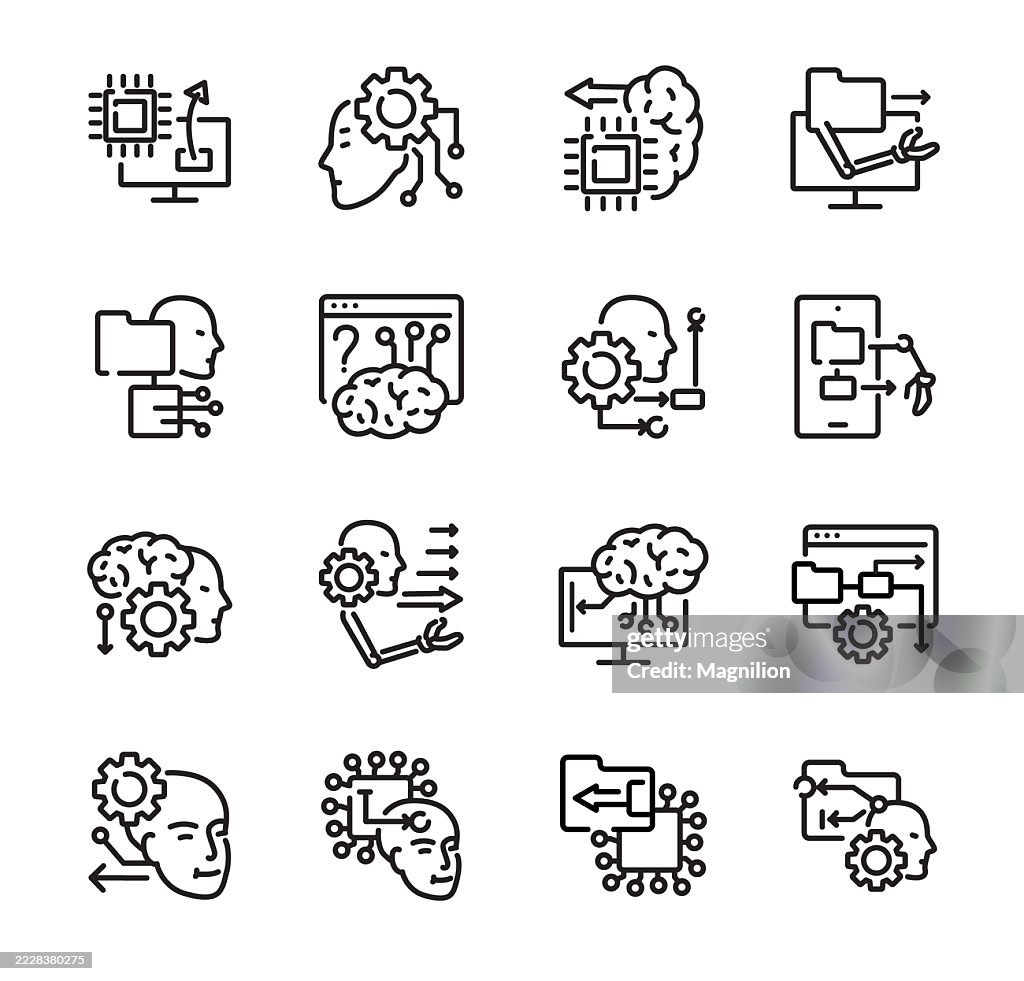 Artificial Intelligence Workflow Icons Including Brain, Machine Learning, Neural Networks, Data Processing, and Automation, Vector Line Icons Set, Editable Stroke