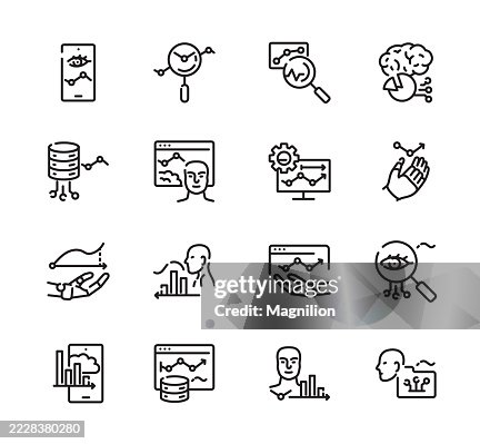 Big Data and Analytics Icons Including Data Visualization, Machine Learning, Cloud Analysis, AI, and Statistics, Vector Line Icons Set, Editable Stroke Big Data and Analytics Icons Including Data Visualization, Machine Learning, Cloud Analysis, AI, and Statistics, Vector Line Icons Set, Editable Stroke