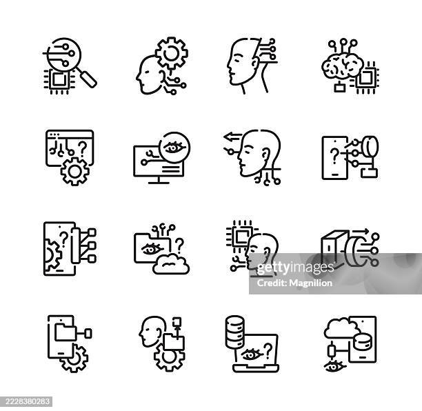 artificial intelligence workflow icons set, vector line icons, editable stroke, ai, machine learning, neural networks and automation. - virtual math class stock illustrations