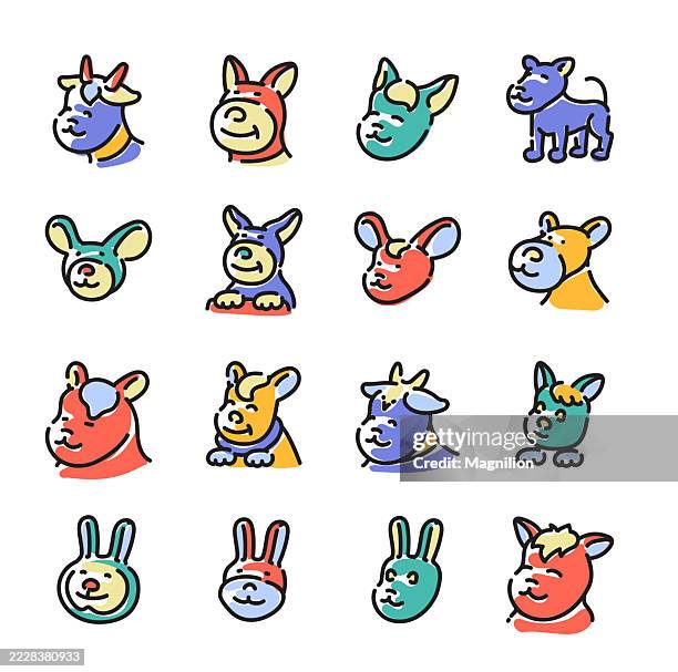 niedliche tiergesichter icons set, verspielte doodle-vektor-icons mit fettem umriss und bearbeitbarem strich, mit kaninchen, hunden, kühen, ziegen, bullen und kälbern, isolierten köpfen auf einem sauberen weißen hintergrund - schafkopf spiel stock-grafiken, -clipart, -cartoons und -symbole