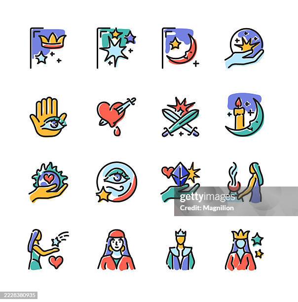 mystic symbols icons set, vector line icons, editable stroke, tarot, candles, hearts, swords, eyes, magic hands, fortune telling, and esoteric elements - prophet icon stock illustrations